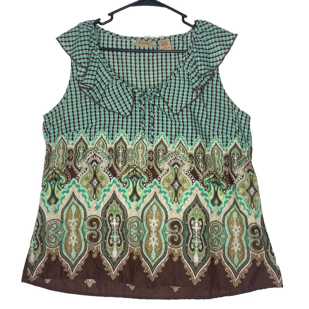 Boho Sleeveless Tank Top XL Cotton Paisley Geometric Print Festival Cottagecore